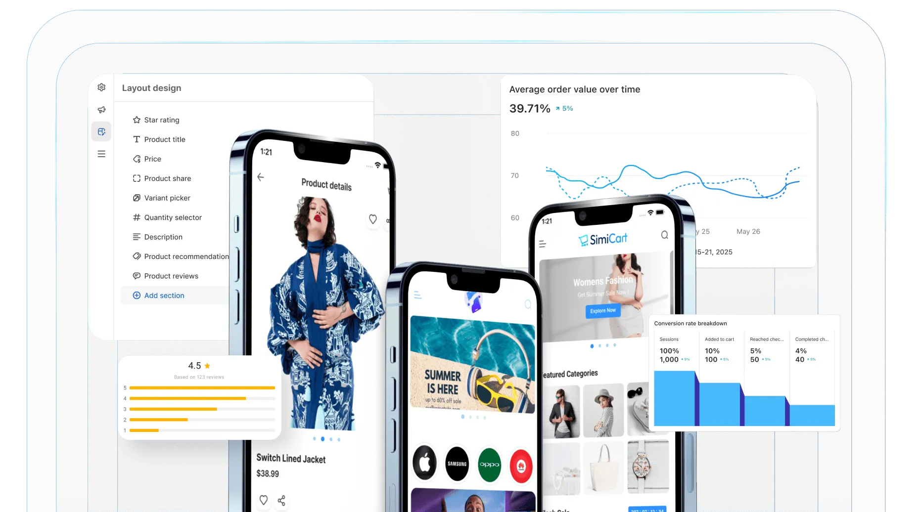 SimiCart app builder with layout editor, mobile app screens and sales analytics