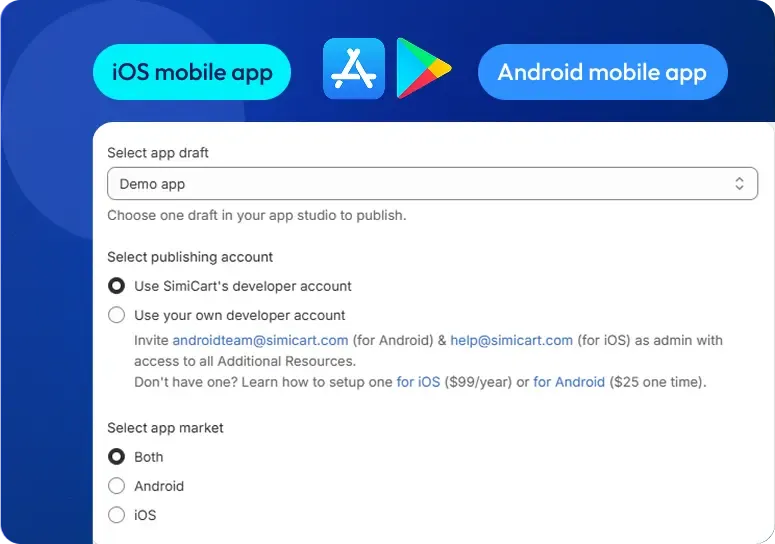 Publishing a SimiCart app to Google Play and the App Store