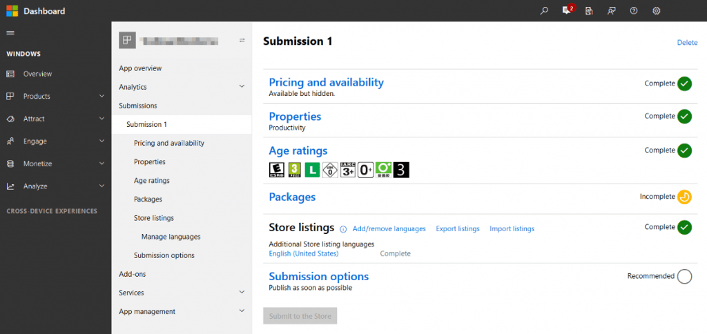 Windows Dev Center submission