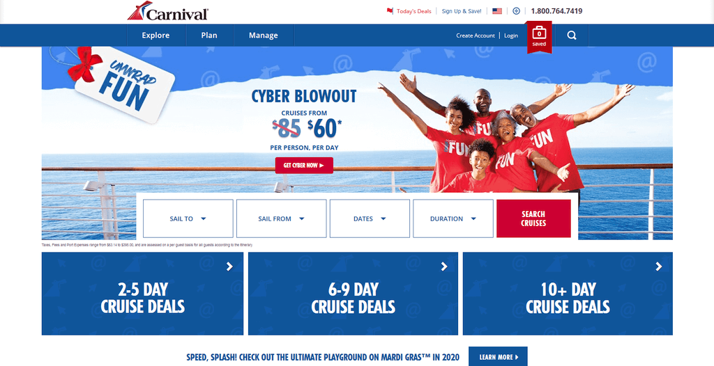 Carnival Cruise Line website storefront