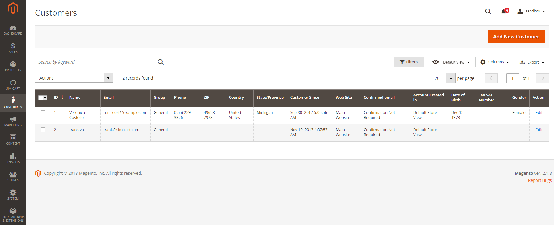 Magento 2 customers
