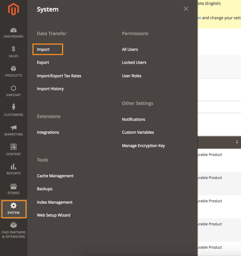 magento data import menu