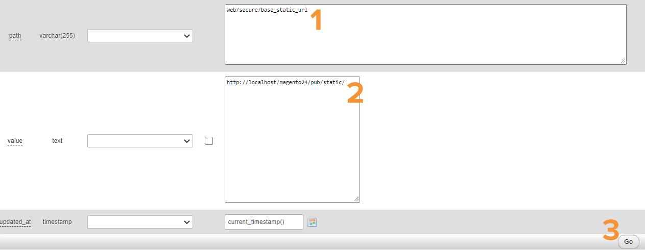 Localhost database new row path and value