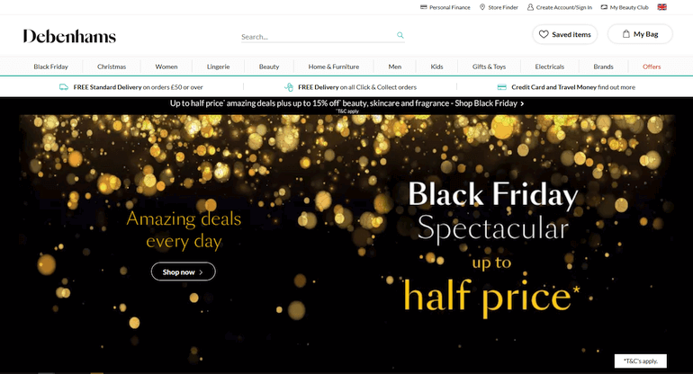 Debenhams website storefront