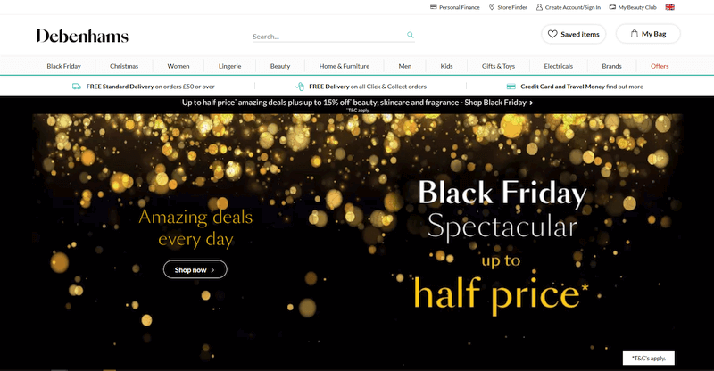 Debenhams website storefront