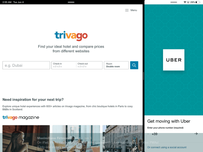 PWA Trivago and PWA Uber split view on ipad