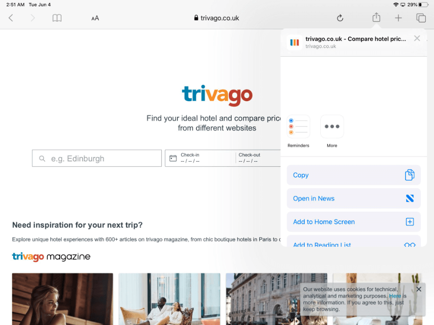 PWA Trivago ipad view