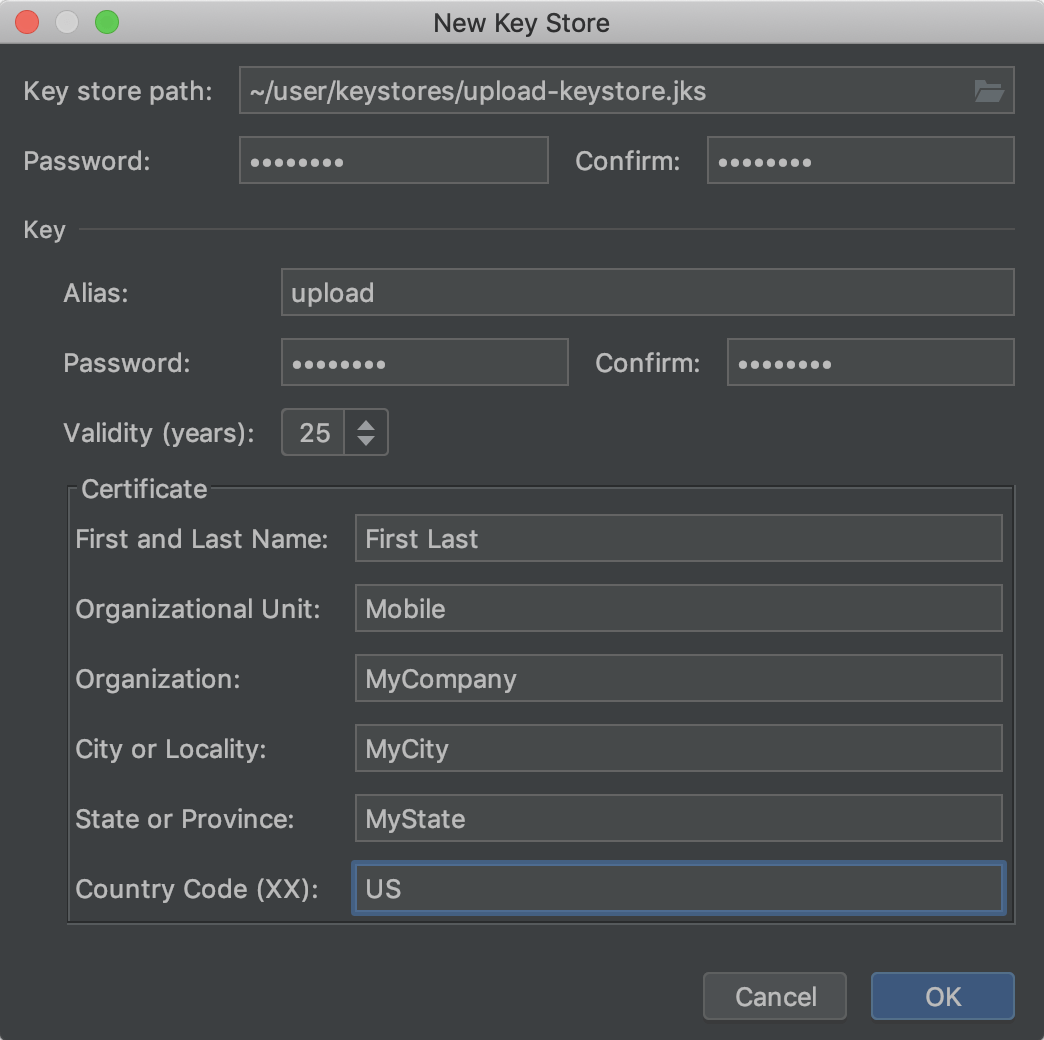 Create new key store - Android Studo