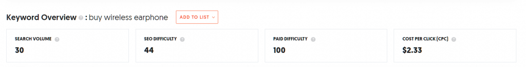 an example table of important keyword metrics