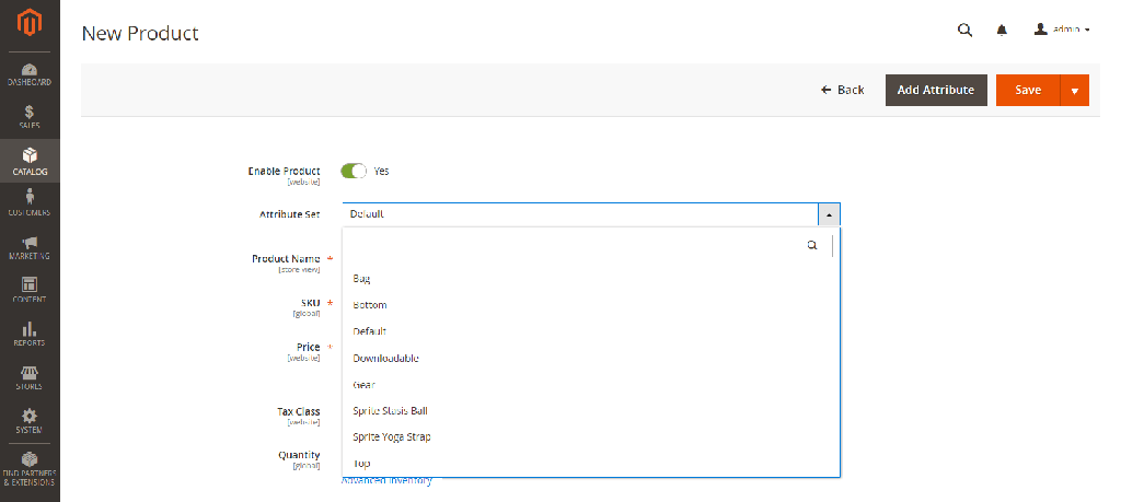Virtual product attribute set