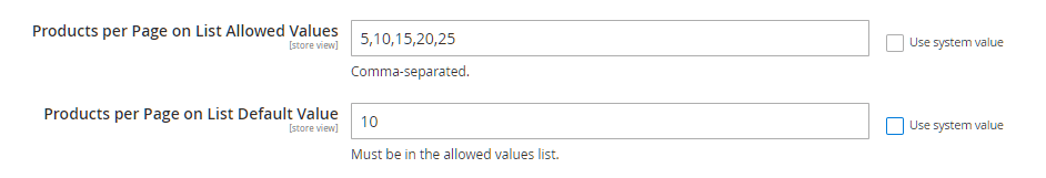 Allowed and default products per page