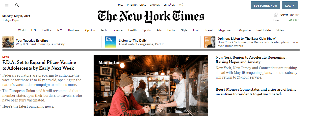 The New York Times homepage