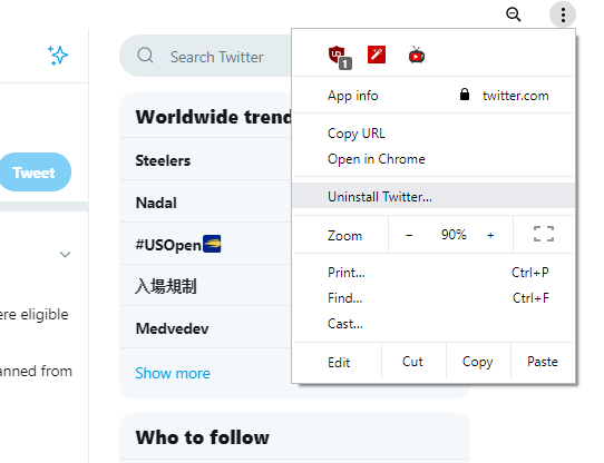 Twitter PWA Uninstall option