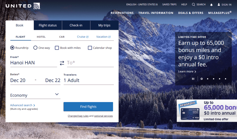 United Airlines website storefront