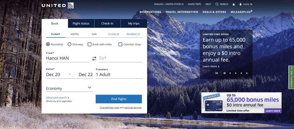United Airlines website storefront