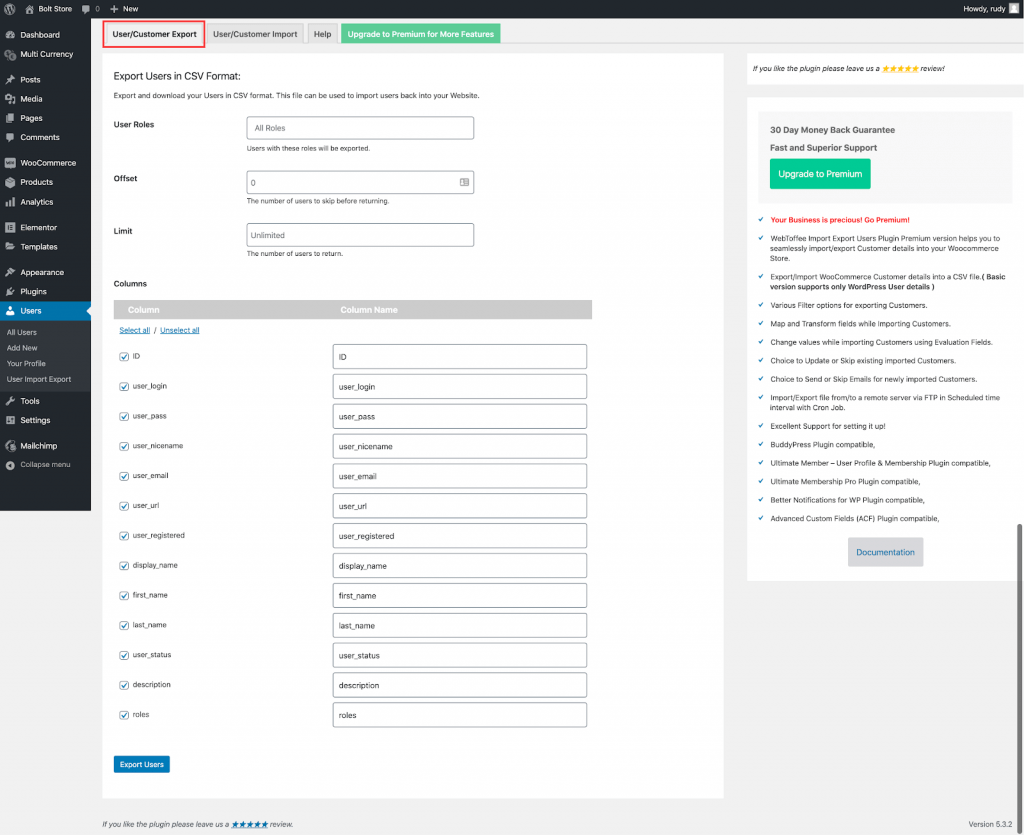 woocommerce export customer tab