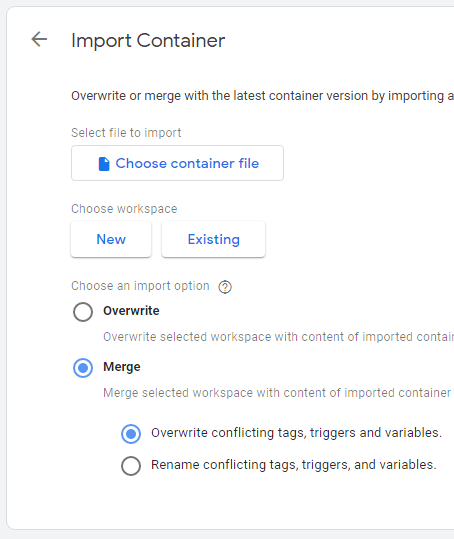 GTM import container settings